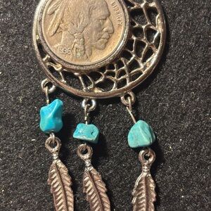 Silver-Tone Metal &  Turquoise Chips Dreamcatcher Pendent/Charm